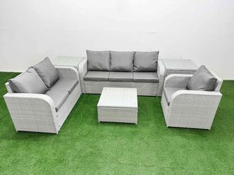 Fimous Patio PE Wicker 6 Seater Outdoor Rattan Furniture Sofa Sets w/ Square Coffee Table Reclining Chair Loveseat Sofa 3 Seater Sofa 2 Side Table