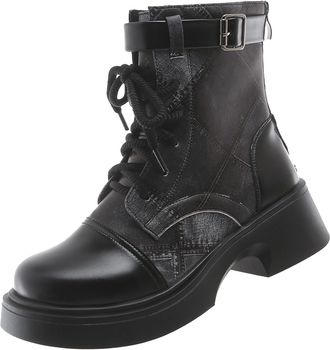 Generic Big Yards Thick Bottom Boots Female New England Style Colour Combination Belt Buckle Short Boots Thick with Motorbike Boots Womens Fashion High Rubber