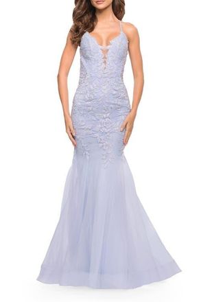 La Femme Mermaid Tulle and Lace Jeweled Prom Dress in Lilac Mist at Nordstrom, Size 12