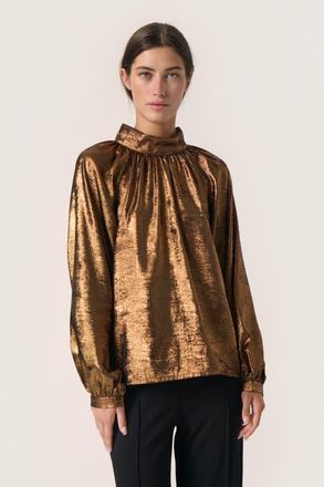 Soaked In Luxury SLElvie Funnel Neck Metallic Blouse in Copper at Nordstrom, Size Xx-Large
