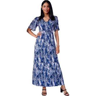Jessica London Flutter Sleeve Wrap Maxi Dress in Deep Dusk Vines at Nordstrom, Size Small