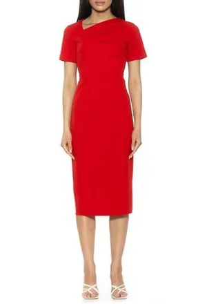 Alexia Admor Angelica Asymmetric Neck Sheath Midi Dress in Red at Nordstrom Rack, Size Medium