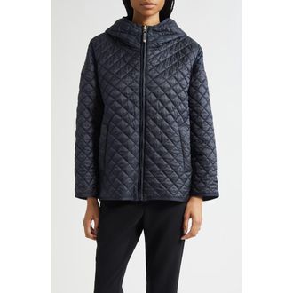 Max Mara Leo Diamond Quilted Cameluxe Hooded Jacket in Midnight Blue at Nordstrom, Size 12