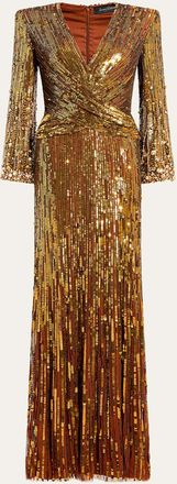 Jenny Packham Cosmos Long-Sleeve V-Neck Sequin Gown