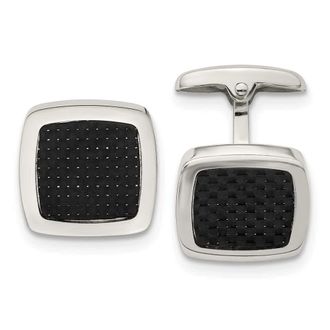 Diamond2Deal Stainless Steel Polished Black Carbon Fiber Inlay Rounded Square Cufflinks