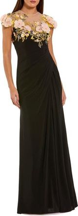 Mac Duggal Jersey Column Gown With 3D Flower Embellishments in Black Multi at Nordstrom, Size 14