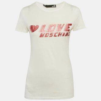 Love Moschino White Glitter Logo Printed Cotton Knit T-Shirt