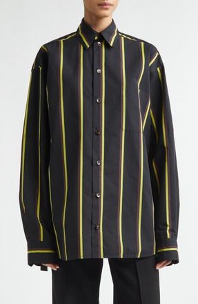 Proenza Schouler Alia Stripe Cotton & Silk Button-Up Shirt in Black Multi at Nordstrom, Size 10