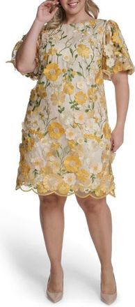 Eliza J Embroidered Floral Appliqu&eacute; Cocktail Dress in Lemon Multi at Nordstrom, Size 20W