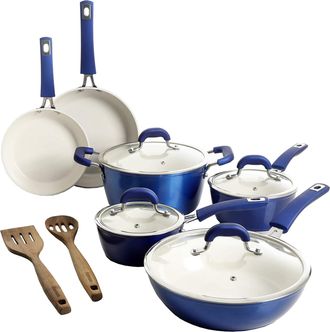 Kenmore Arlington 12 Piece Aluminum Ceramic Coated Nonstick Cookware Set in Metallic Blue
