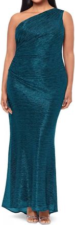 Betsy & Adam Metallic One-Shoulder Gown In Teal