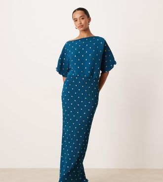 Never Fully Dressed Petite - Tilly - Vestito lungo verde a pois metallizzati con spalle scoperte