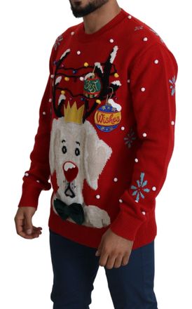 Dolce & Gabbana Mens Red Christmas Dog Pullover Cashmere Sweater Clothing