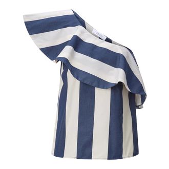 Rich & Royal Rich & Royal - One Shoulder Gestreepte Blouse - Dames - Blouses & Shirts - Blauw - Maat: XS Katoen