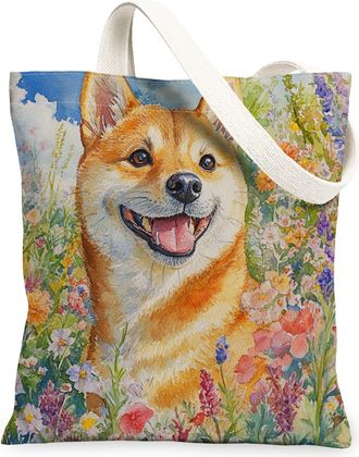 Generic Spring Shiba Inu Dog Canvas Tote Bag for Shopping 13x15, Oil Painting Wildflower Puppy Reusable Grocery Print Pattern Bag for Women, Fun Pet Beach Aes