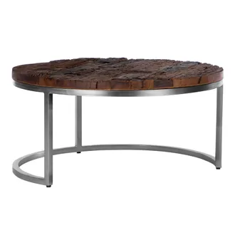 WOMO-DESIGN Womo-design - Mesa De Centro Redonda Surabaya &Oslash; 70 X 35 Cm Hecha A Mano &Uacute;nica De Madera De Acacia Maciza Acabado Natural / N&iacute;quel Mesita Auxiliar De C