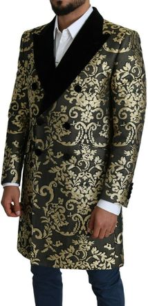 Dolce & Gabbana Mens Black Gold Jacquard Long Coat Sicilia Jacket Cotton Polyester Clothing