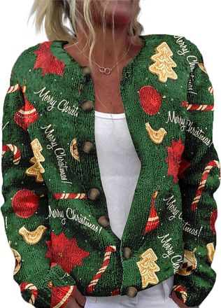 Generic Womens Christmas Sweater Open Front Button Down Christmas Sweater (UK, Alpha, L, Regular, Regular, 14)