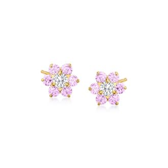 Ross-Simons Childs. Pink and White CZ Flower Earrings in 14kt Yellow Gold