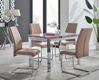 Furniturebox Enna White Glass Extending 4-6 Seater Dining Table & 4 Lorenzo Faux Leather Chairs in Beige