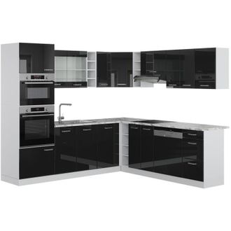 Vicco Cucina angolare completa R-Line, Nero lucido, 237 x 60 cm, pl Marmo