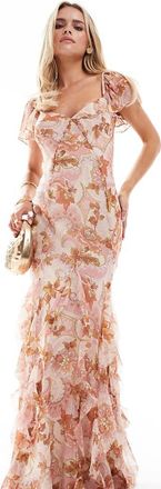 Asos Petite ASOS DESIGN Petite flutter sleeve maxi dress with ruffle godets in pink floral print-Multi