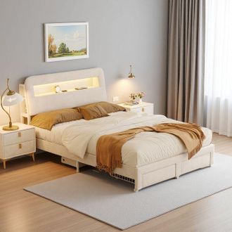 OEM Cama 160x200 Cm En Terciopelo Beige Con Led Regulable, Cajones, Puertos Usb/type-c, Somier Incluido