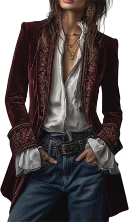 Generic Vintage Navy Polyester Velvet Embroidered Long Jacket, Velvet Blazer Jacket for Women Open Front Steampunk Outerwear (Purple-Red,XXL)