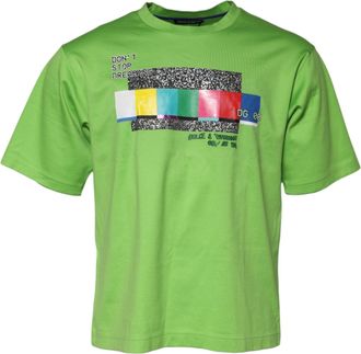 Dolce & Gabbana Mens Green Graphic Printed Round Neck T-Shirt Cotton