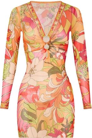 Camilla Retro Bloemen V-Hals Mini Jurk - Dames - Korte kleedjes - Veelkleurig - XS - Kleedjes