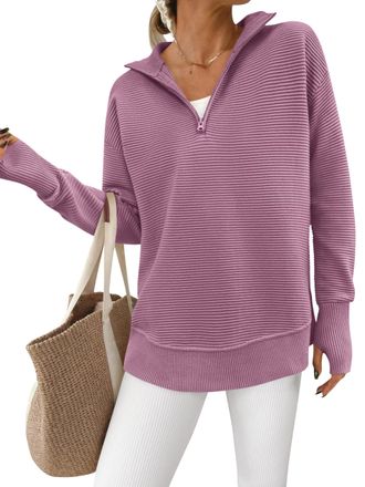 PrettyGarden Womens Long Sleeve Quarter Zip Pullover Sweater Casual Loose V Neck Collared Ribbed Knit Jumper Tops Thumb Hole, Light Purple, XL