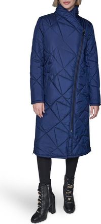Karl Lagerfeld Quilted Asymmetric Midi Coat in Navy at Nordstrom, Size X-Small