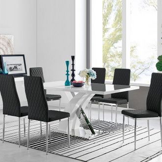 Furniturebox Atlanta Modern Rectangle Chrome Metal High Gloss White Dining Table & 6 Milan Chairs Set in Black