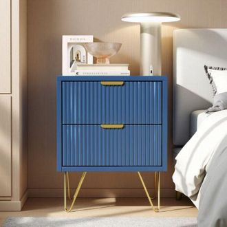 OEM Mesita De Noche - Azul Marino - 2 Cajones - Patas Doradas - Dise&ntilde;o Contempor&aacute;neo