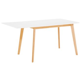 Beliani Mesa De Comedor Blanca 120/155 X 80 Cm Patas De Madera Hojas Extensibles Abatibles Minimalista Escandinavo Medio