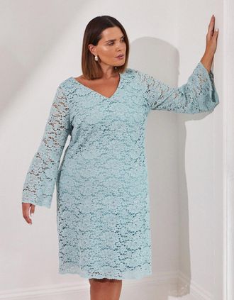 Live Unlimited London Womens Light Blue Lace Dress With Flute Sleeve - Size: 20