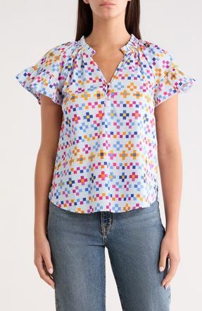 Sugarlips Kessa Geo Macy Ruffle Cotton Top in Light Blue Multi at Nordstrom, Size X-Small