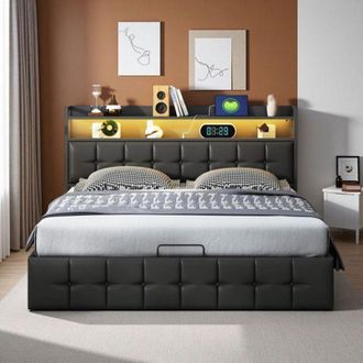 OEM Cama Cofre Led 140x200 - Almacenamiento Xxl - Cabecera Con Carga - Cuero Negro - Dise&ntilde;o Minimalista