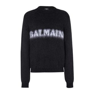 Balmain Round-neck Knitwear, male, Black, M, Logo-Print Jumper Round Neck Men