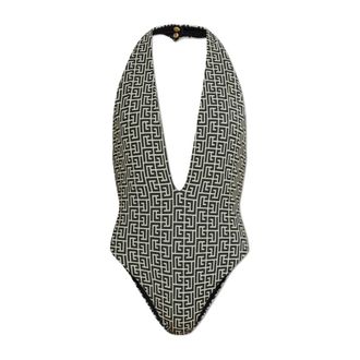 Balmain One-piece, female, Black, Size: 2XS Monogram-Jacquard Halterneck Swimsuit