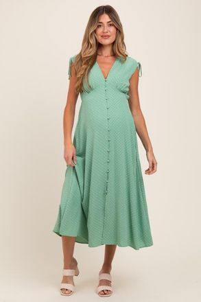 Pinkblush Button-Down Polka Dot Shirred Bow Midi Dress in Green at Nordstrom, Size Medium