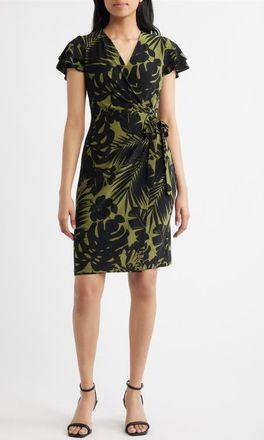 Anne Klein Flutter Sleeve Faux Wrap Dress in Bay Leaf/anne Black at Nordstrom, Size Xx-Small
