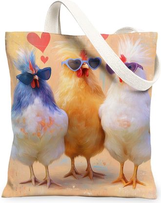 Generic Cute Chicken Canvas Tote Bags, Colorful Bird Pattern Reusable Grocery Bags, Summer Vintage Lightweight Washable Shoulder St, Colorful, 13x15 Inch