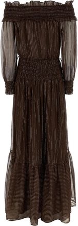 Self Portrait Off-Shoulder Georgette with Lam&eacute; Dress - Brown