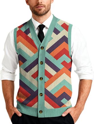 Generic Knitted Waistcoats For Men Mens Knit Button Front Vest Classic V-neck Sleeveless Pullover Sweater Patterned Lightweight Layer Mint M