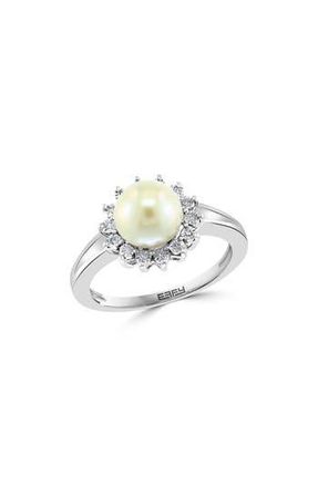 Effy Sterling Silver Freshwater Pearl & Diamond Halo Ring in White at Nordstrom Rack, Size 7