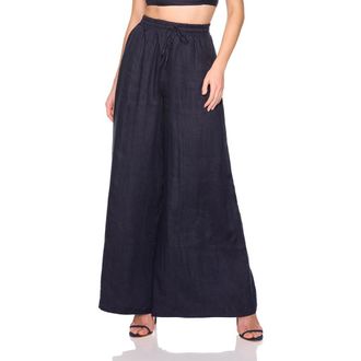 Susana Monaco Tie Waist Wide Leg Linen Pants in Midnight at Nordstrom, Size X-Large