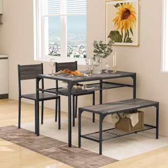 Costway Costway 4PCS Dining Table Set for 4 Industrial Rectangular Kitchen Table with Chairs & Bench Metal Frame in Grey