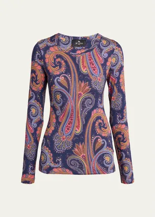 Etro Paisley-Print Wool Jersey Long-Sleeve Top