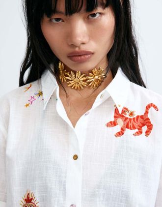 Desigual Camicia a maniche corte bianca con ricamo-Bianco